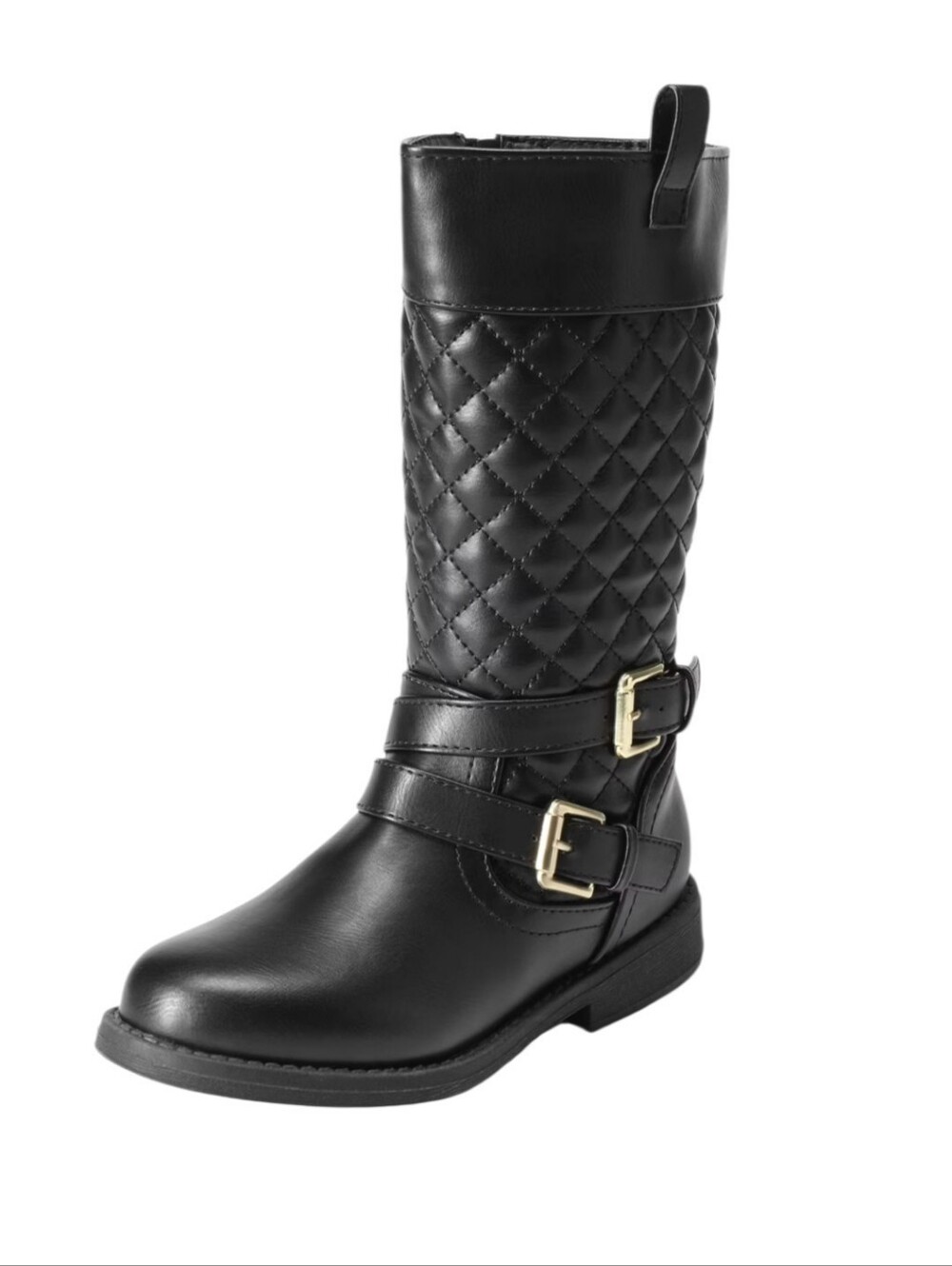 Girls Black Quilted Mid-Calf Riding Boots with Buckles
